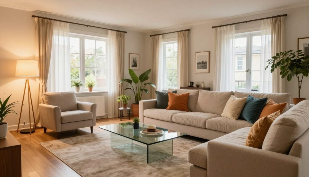 A modern living room interior showcasing an inviting and functional layout. In the foreground, there's a plush beige sofa adorned with colorful throw pillows, complemented by a sleek glass coffee table. To the left, an elegant armchair sits beside a stylish floor lamp providing warm, ambient lighting. In the middle, a spacious area rug anchors the seating arrangement. The background features large windows draped with light, airy curtains, allowing natural sunlight to flood the room, enhancing its warmth and vibrancy. Potted plants are strategically placed, adding a touch of greenery. The overall atmosphere is cozy yet elegant, reflecting a perfect blend of functionality and style. The image is taken with a wide-angle lens to capture the entire space, highlighting the renovation possibilities. A modern living room interior showcasing an inviting and functional layout. In the foreground, there's a plush beige sofa adorned with colorful throw pillows, complemented by a sleek glass coffee table. To the left, an elegant armchair sits beside a stylish floor lamp providing warm, ambient lighting. In the middle, a spacious area rug anchors the seating arrangement. The background features large windows draped with light, airy curtains, allowing natural sunlight to flood the room, enhancing its warmth and vibrancy. Potted plants are strategically placed, adding a touch of greenery. The overall atmosphere is cozy yet elegant, reflecting a perfect blend of functionality and style. The image is taken with a wide-angle lens to capture the entire space, highlighting the renovation possibilities.