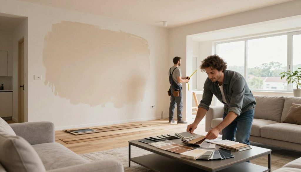 A modern living room undergoing a stylish renovation process. In the foreground, a well-dressed interior designer inspects swatches of fabric and paint colors on a sleek, modern coffee table, while a contractor measures the new layout with a tape measure. In the middle, a fresh coat of soft beige paint is seen on the walls, complemented by new, wooden floor planks yet to be installed. The background showcases an open space with large windows, allowing natural light to flood in, illuminating the area. Choose a wide angle view to capture the essence of transformation, with a cozy and inviting atmosphere enhanced by warm lighting accents. The overall mood is one of creativity and excitement, reflecting the potential of a revitalized living space. A modern living room undergoing a stylish renovation process. In the foreground, a well-dressed interior designer inspects swatches of fabric and paint colors on a sleek, modern coffee table, while a contractor measures the new layout with a tape measure. In the middle, a fresh coat of soft beige paint is seen on the walls, complemented by new, wooden floor planks yet to be installed. The background showcases an open space with large windows, allowing natural light to flood in, illuminating the area. Choose a wide angle view to capture the essence of transformation, with a cozy and inviting atmosphere enhanced by warm lighting accents. The overall mood is one of creativity and excitement, reflecting the potential of a revitalized living space.