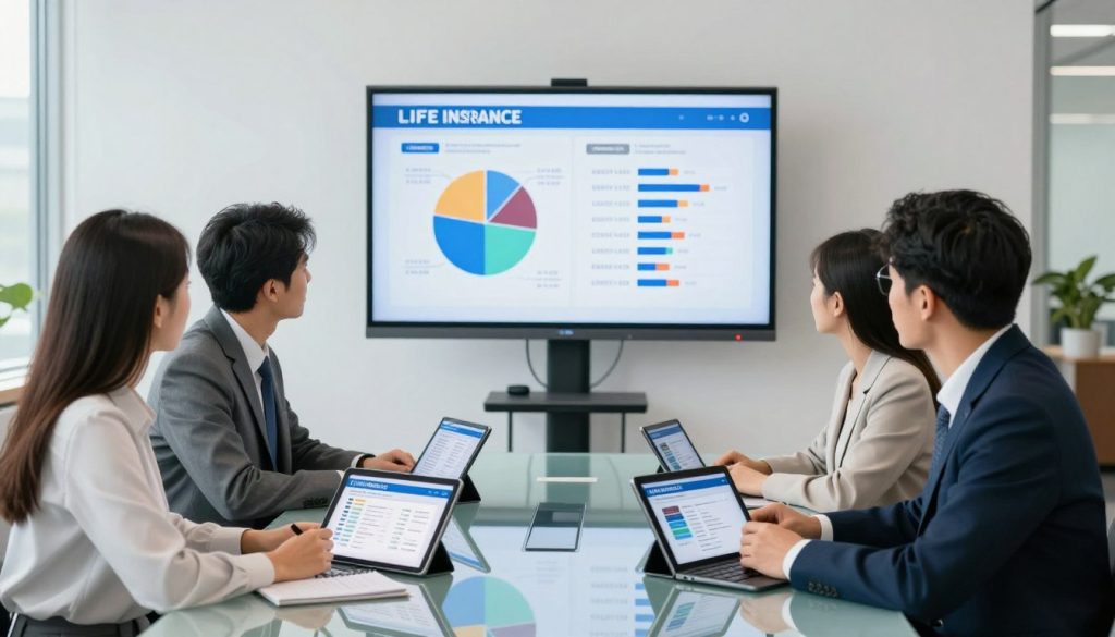 A modern office scene depicting professionals engaged in a life insurance comparison session. In the foreground, a diverse group of three individuals in business attire—one man and two women—gather around a sleek, glass conference table filled with digital tablets displaying various life insurance quotes and plans. In the middle, a large screen on the wall shows colorful graphs and comparison charts, emphasizing key features of different policies. The background features a well-lit office environment with large windows allowing natural light to flood in, creating a bright and inviting atmosphere. The mood is collaborative and focused, showcasing the importance of careful planning and informed decision-making in choosing life insurance.