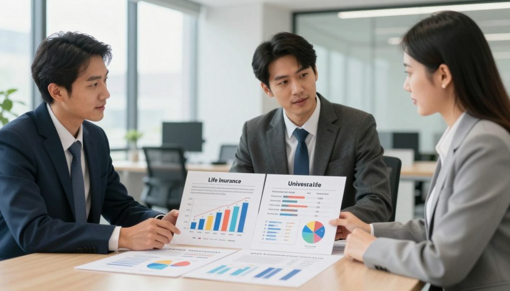 A professional setting showcasing various life insurance coverage choices influencing premiums for 2024. In the foreground, include a well-dressed male and female insurance advisor, discussing a portfolio of insurance plans laid out on a sleek conference table. The advisors, in business attire, should exhibit an expression of focus and professionalism. In the middle, display visual representations of different coverage options, such as graphs, charts, and infographics, illustrating cost factors like term life, whole life, and universal life insurance. The background should feature a modern office space with large windows allowing natural light to flood in, creating a bright and inviting ambiance. Use a shallow depth of field to keep the focus on the advisors and plans while softly blurring the background for depth. The overall mood should be informative and engaging, emphasizing the importance of informed coverage choices in life insurance. A professional setting showcasing various life insurance coverage choices influencing premiums for 2024. In the foreground, include a well-dressed male and female insurance advisor, discussing a portfolio of insurance plans laid out on a sleek conference table. The advisors, in business attire, should exhibit an expression of focus and professionalism. In the middle, display visual representations of different coverage options, such as graphs, charts, and infographics, illustrating cost factors like term life, whole life, and universal life insurance. The background should feature a modern office space with large windows allowing natural light to flood in, creating a bright and inviting ambiance. Use a shallow depth of field to keep the focus on the advisors and plans while softly blurring the background for depth. The overall mood should be informative and engaging, emphasizing the importance of informed coverage choices in life insurance.
