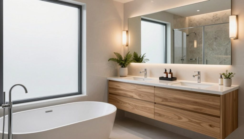 A stylish and functional bathroom interior showcasing modern remodeling ideas. In the foreground, a sleek freestanding bathtub with elegant chrome fixtures sits beside a large, frosted window. The middle of the image features a double vanity with a polished countertop, reflecting beautiful decor elements like potted plants and minimalistic organizers for toiletries. Stylish, contemporary lighting above the vanity casts a warm glow. In the background, a chic shower enclosure with glass doors and natural stone tiles enhances the space. The color palette consists of soft whites, light grays, and natural wood tones, creating a serene and inviting atmosphere. The overall mood is calm and luxurious, ideal for a sophisticated home environment, captured from a slightly elevated angle to convey spaciousness and elegance.
