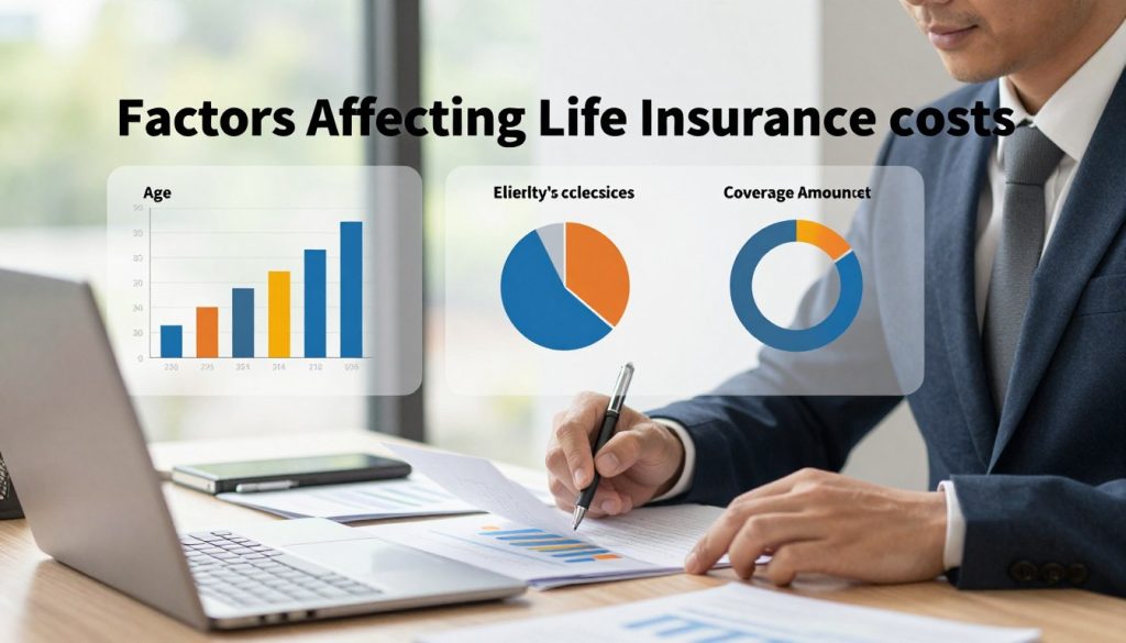 A visual representation of "Factors Affecting Life Insurance Costs," featuring a well-organized infographic style. In the foreground, include a professional business person wearing a suit, thoughtfully analyzing various documents and charts. In the middle layer, showcase vivid bar graphs and pie charts representing different factors like age, health status, lifestyle choices, and coverage amount. The background should depict a serene office setting with natural lighting coming from a window, emphasizing a calm and focused atmosphere. Use a slight depth of field to draw attention to the foreground elements while keeping the background subtly blurred. The overall mood should convey professionalism and clarity, ideal for an informative article on life insurance. A visual representation of "Factors Affecting Life Insurance Costs," featuring a well-organized infographic style. In the foreground, include a professional business person wearing a suit, thoughtfully analyzing various documents and charts. In the middle layer, showcase vivid bar graphs and pie charts representing different factors like age, health status, lifestyle choices, and coverage amount. The background should depict a serene office setting with natural lighting coming from a window, emphasizing a calm and focused atmosphere. Use a slight depth of field to draw attention to the foreground elements while keeping the background subtly blurred. The overall mood should convey professionalism and clarity, ideal for an informative article on life insurance.